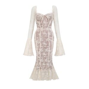 Elegant Cream Long Sleeve Lace Dress
